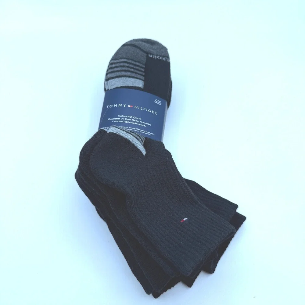 Tommy Hilfiger Socks Mens 7-12 Black Cushion High Quarter 6 Pair‎ Pack NEW
